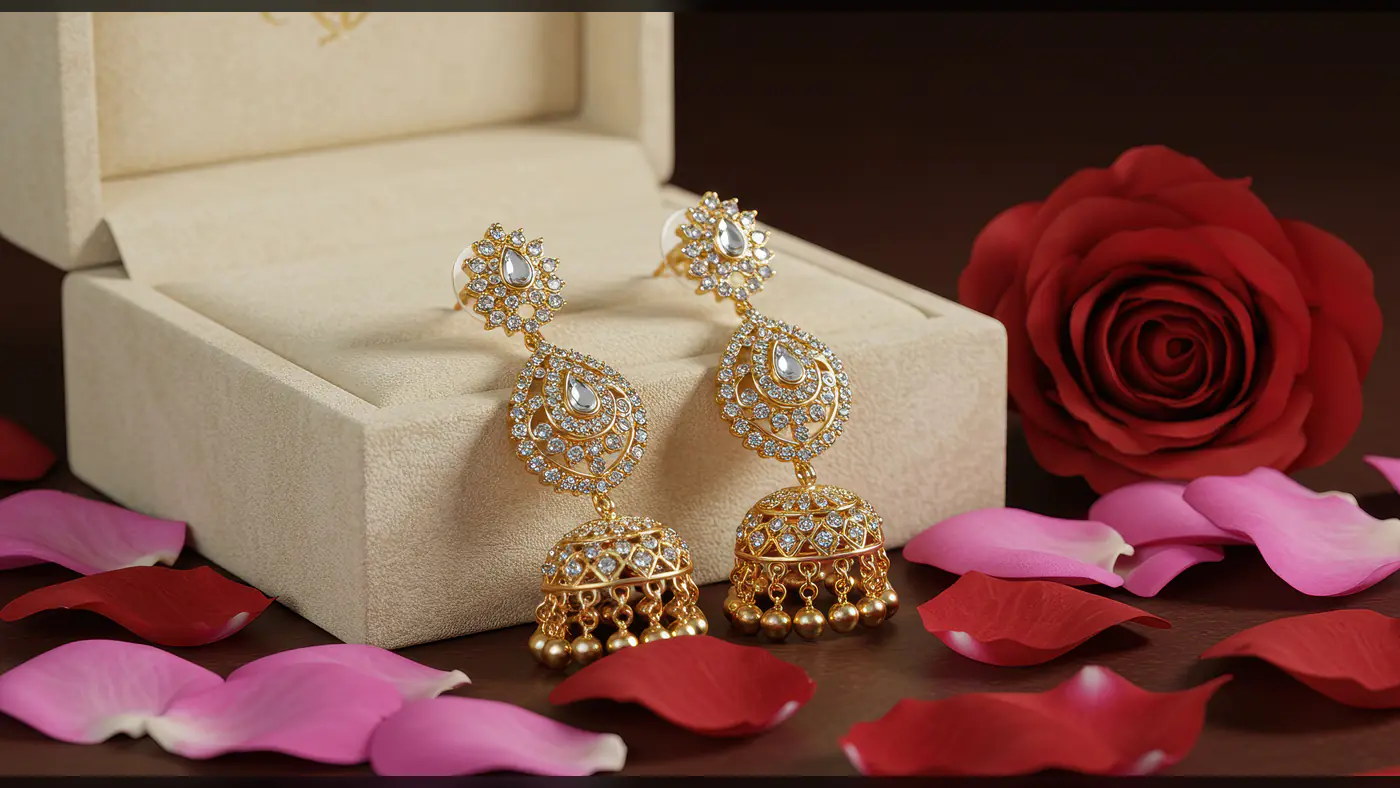 Luxury Indian Gold Jhumka Earrings with Diamonds – Bridal Jewellery Display