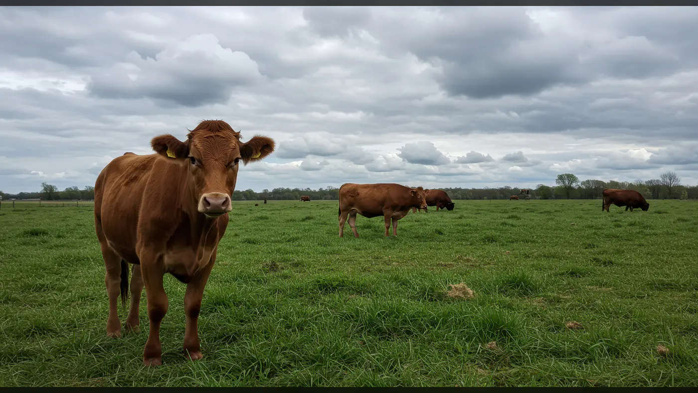 Brown Cows Grazing in Green Pasture Under Cloudy Sky