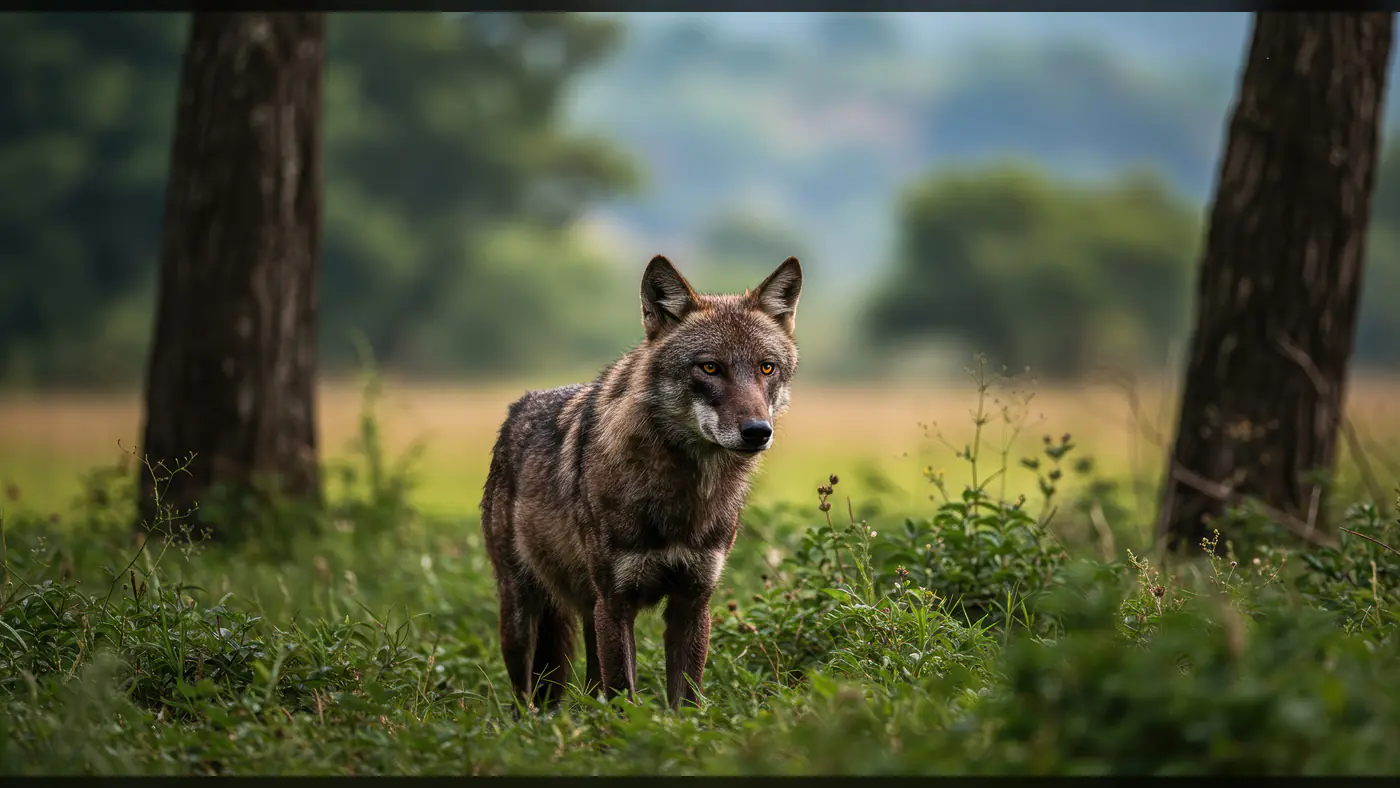 Wild Indian Wolf Standing Alert in Forest Grassland