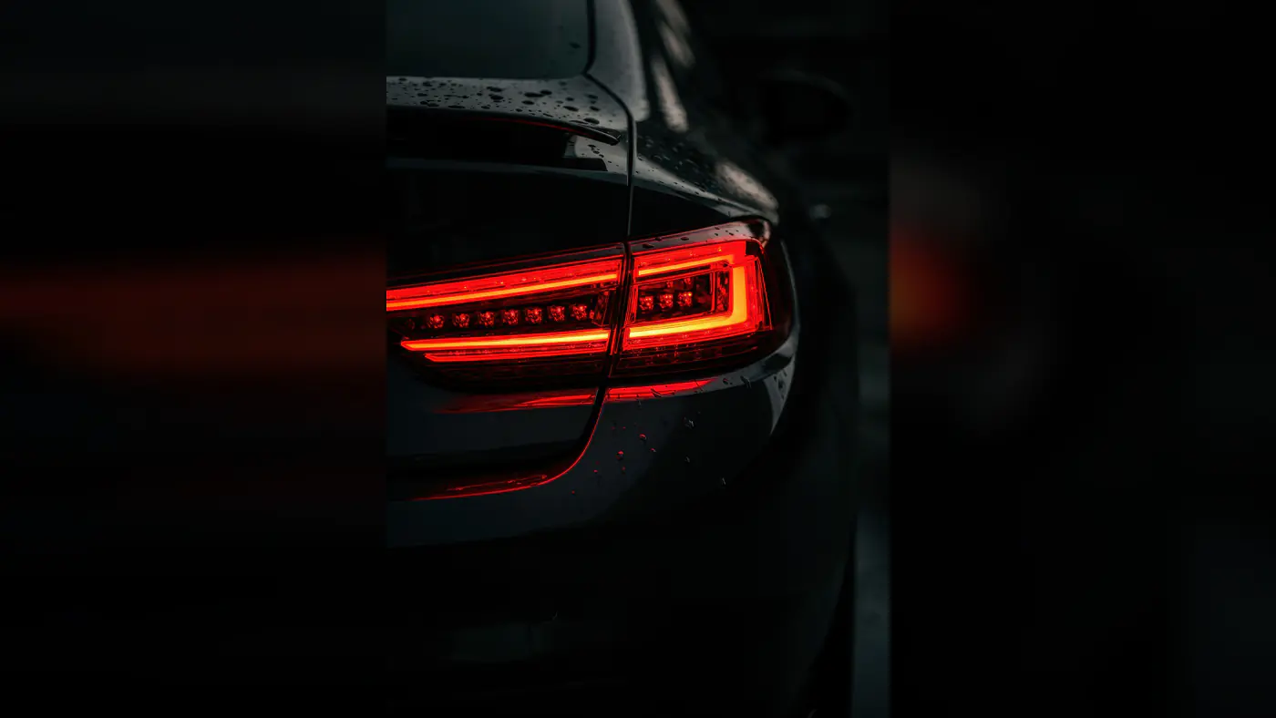 Luxury Car Taillight Close-Up with Red LED Glow at Night