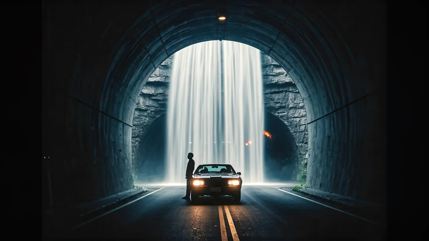 Man and Car in Tunnel with Dramatic Waterfall
