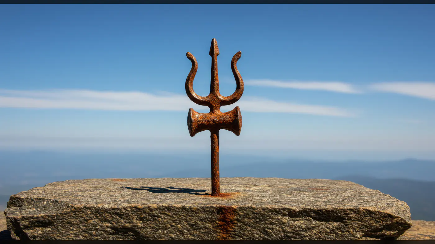 Rustic Trishul on Stone Platform with Clear Sky Background