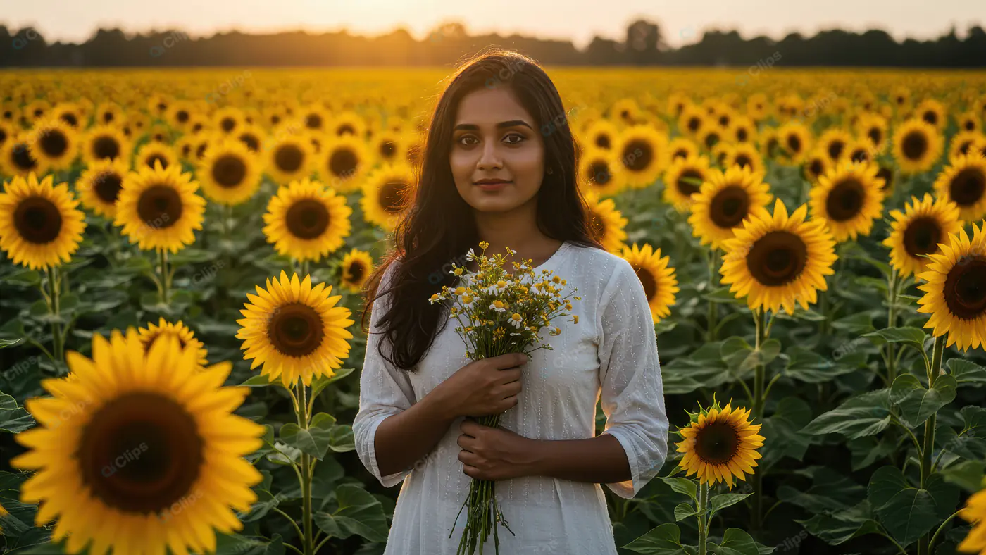 Indian Woman in White Dress Holding Flowers in a Sunflower Field