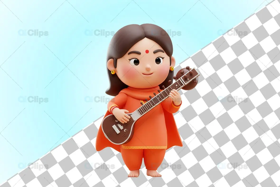 Indian Woman with Sitar - 3D Illustration