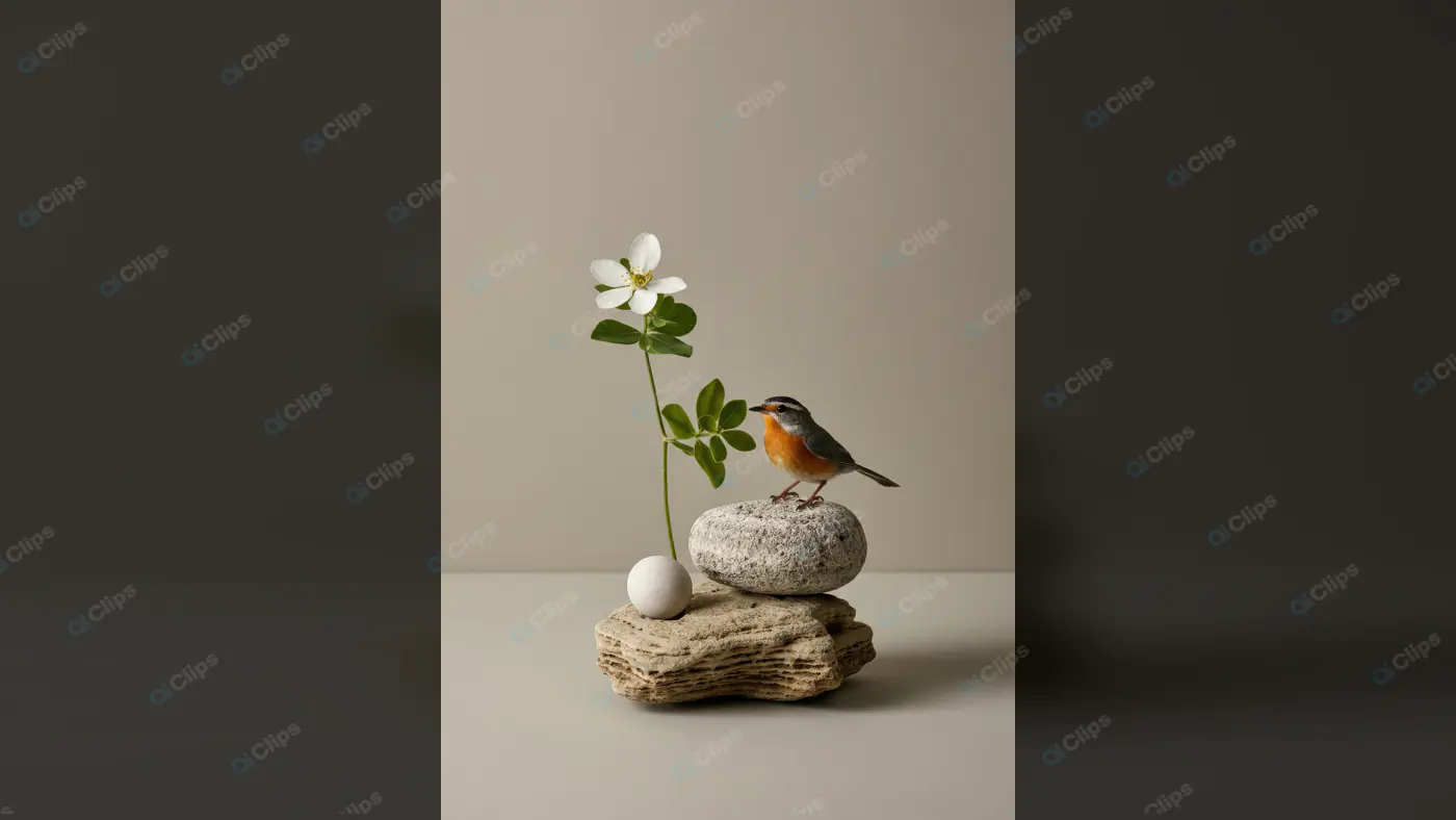 Minimalist Zen Scene with Bird, Flower, and Stacked Stones