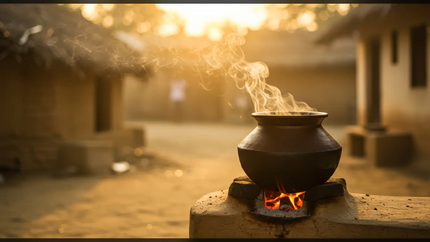 Traditional Clay Pot Cooking Over Firewood Stove in Rural Indian Village