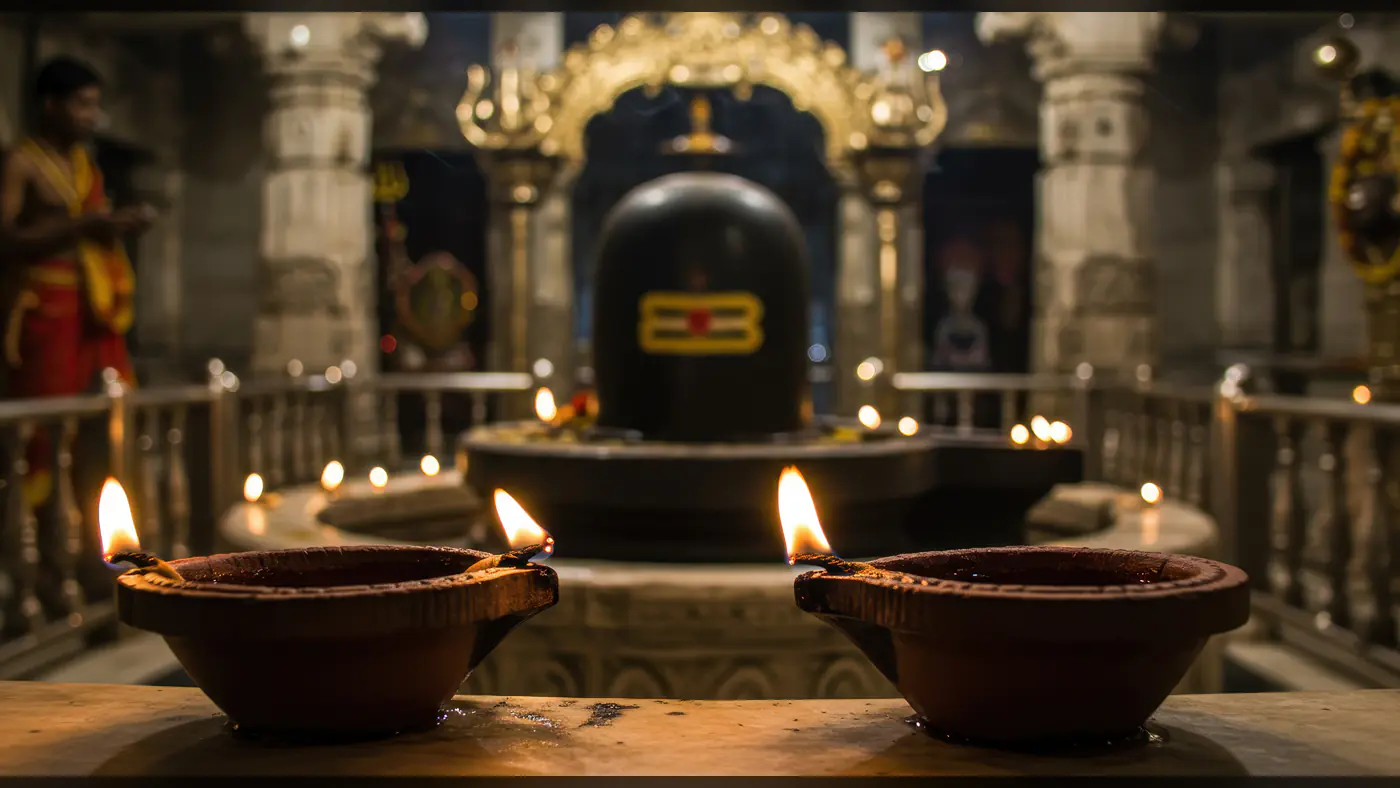 Sacred Shiva Lingam with Oil Lamps in Traditional Hindu Temple Interior
