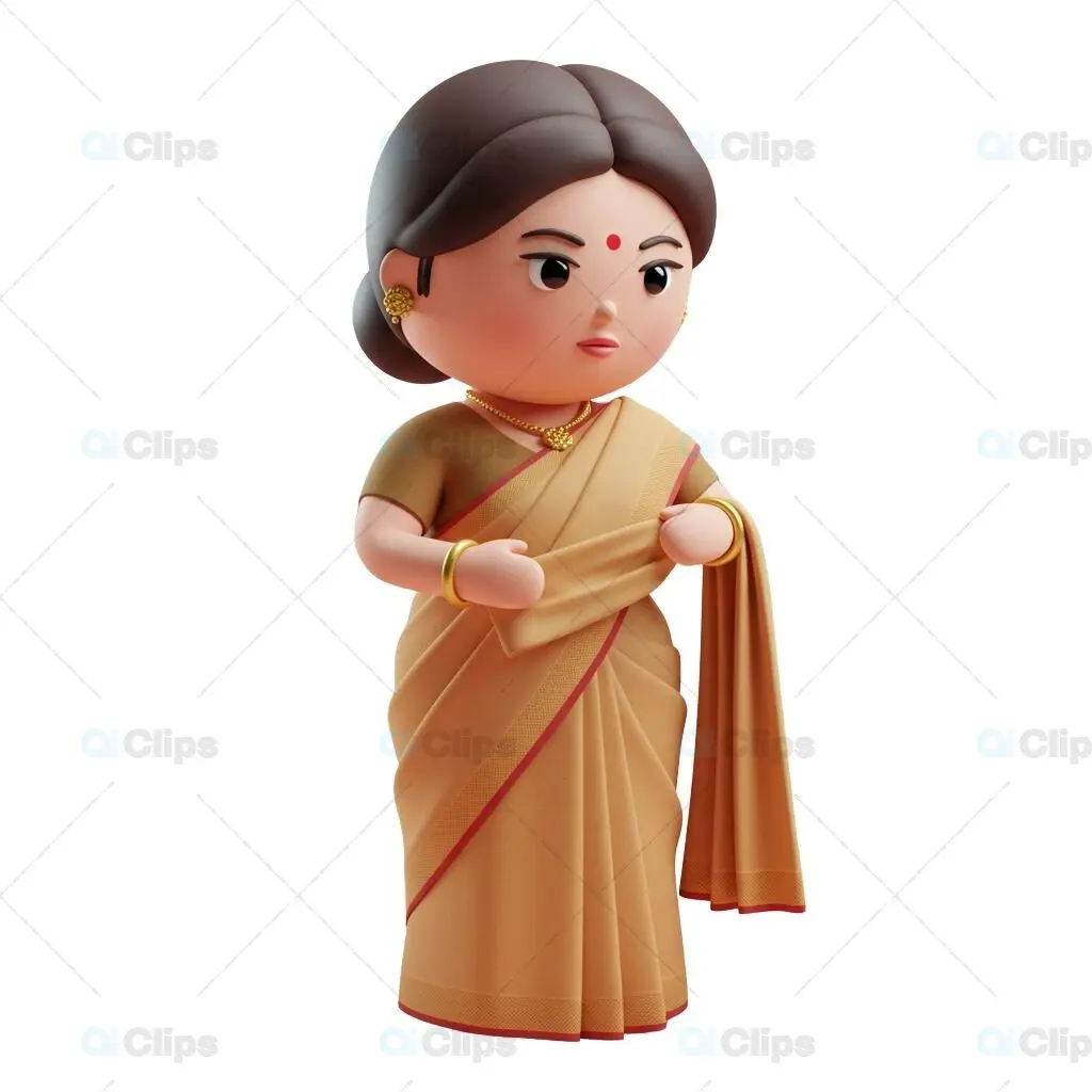 3D Traditional Indian Woman in Golden Saree