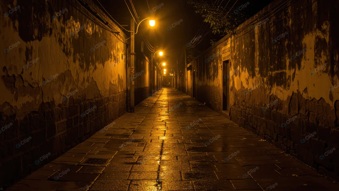 Narrow Old Alleyway Lit by Yellow Streetlights at Night
