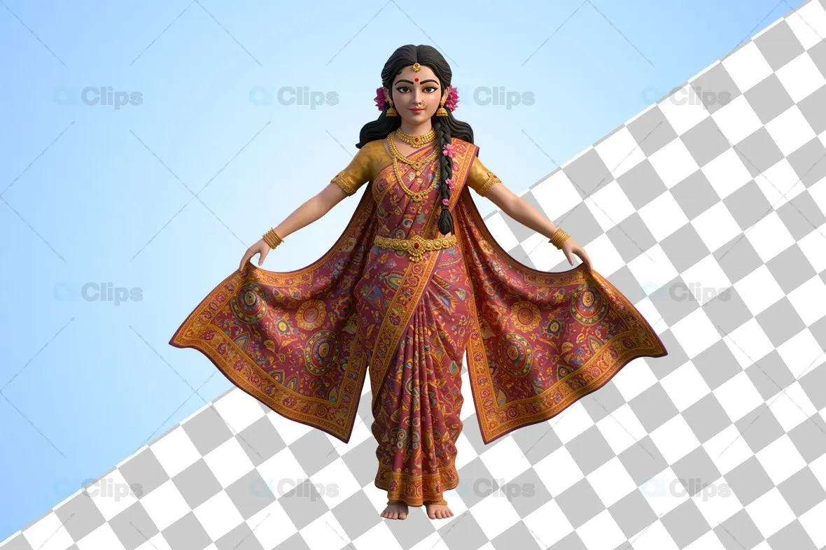 Traditional Indian Woman in Ornate Saree - 3D Illustration