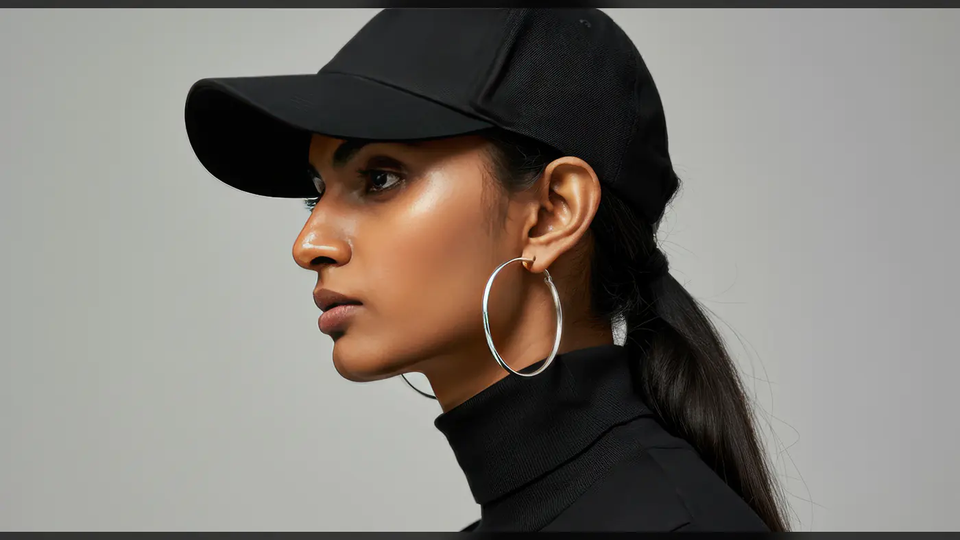Stylish Indian Woman in Black Cap and Turtleneck with Hoop Earrings