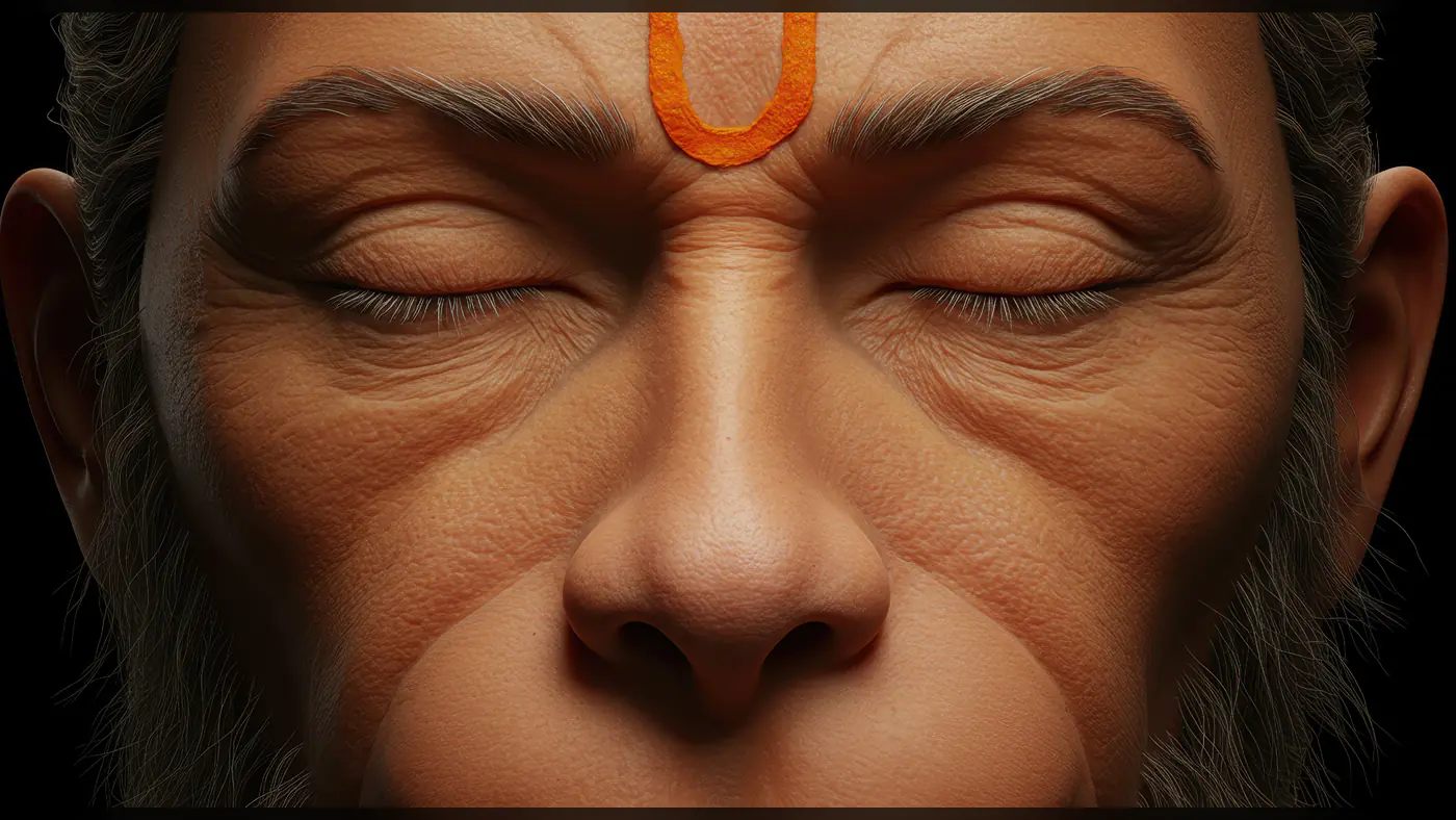 Close-Up of Lord Hanuman’s Meditative Face with Tilak