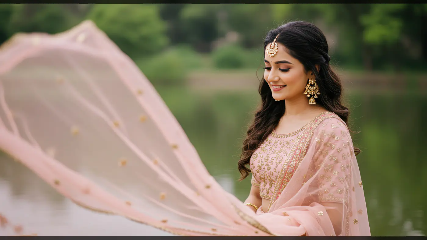 Elegant Indian Woman in Pastel Lehenga with Flowing Dupatta Outdoors