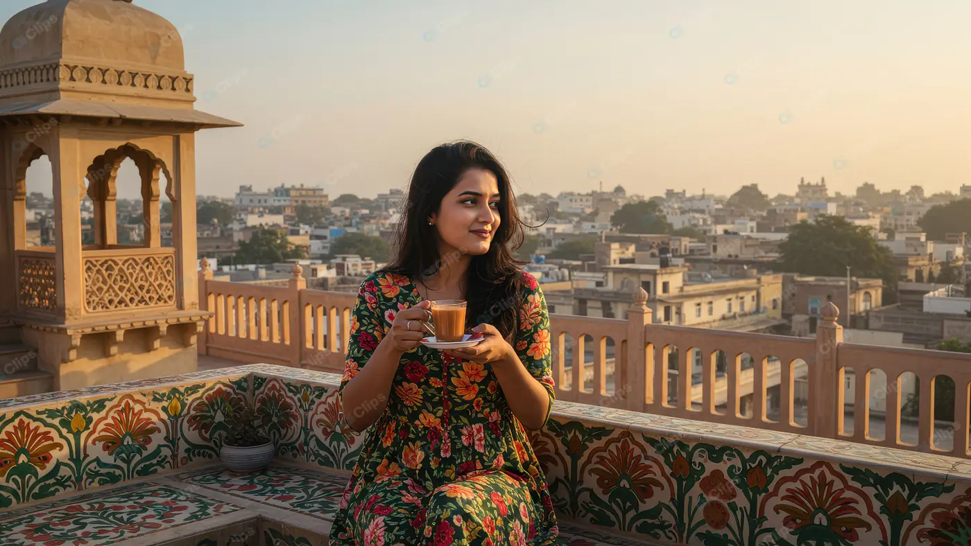 Indian Woman Savoring Chai on Heritage Rooftop Terrace at Sunset
