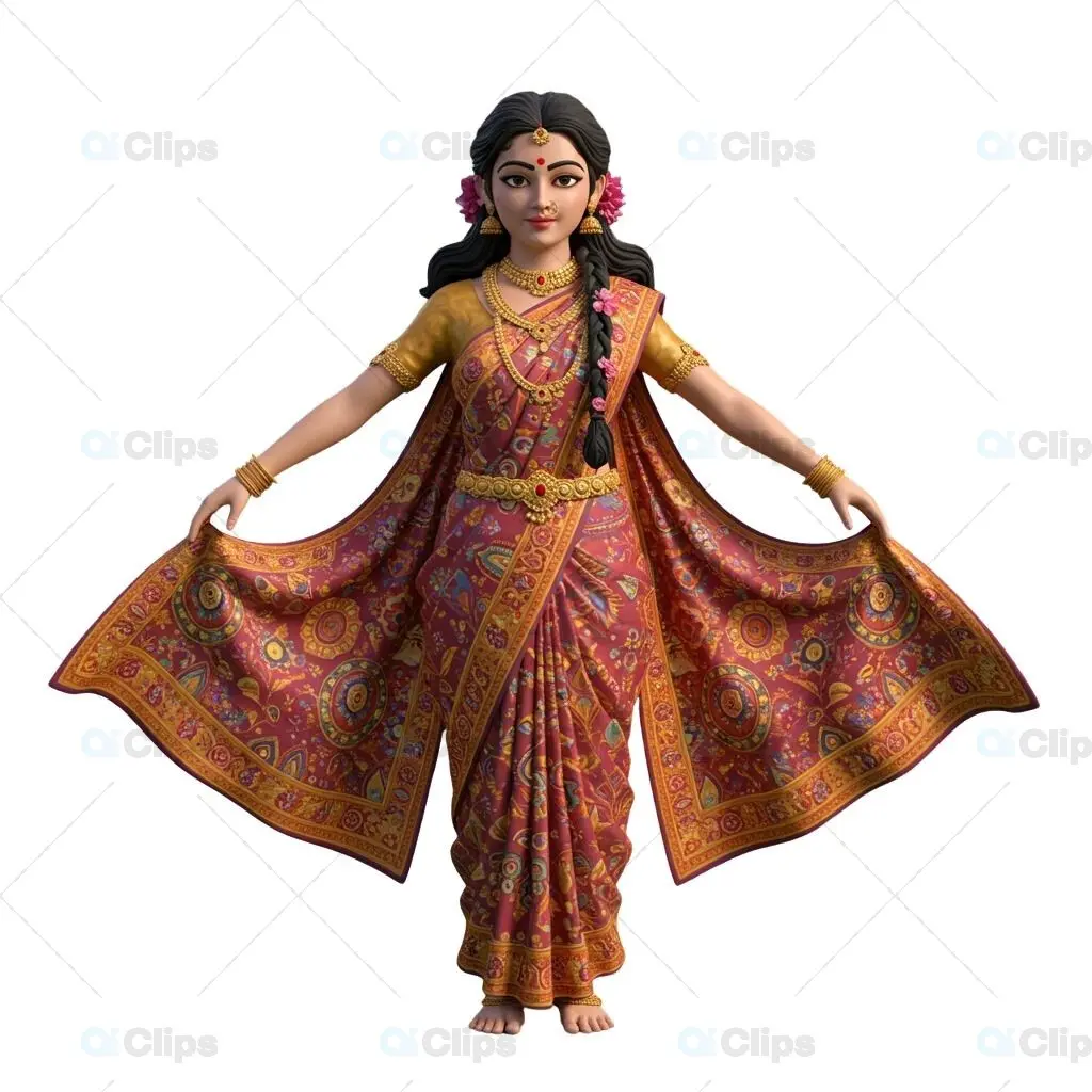 Traditional Indian Woman in Ornate Saree - 3D Illustration