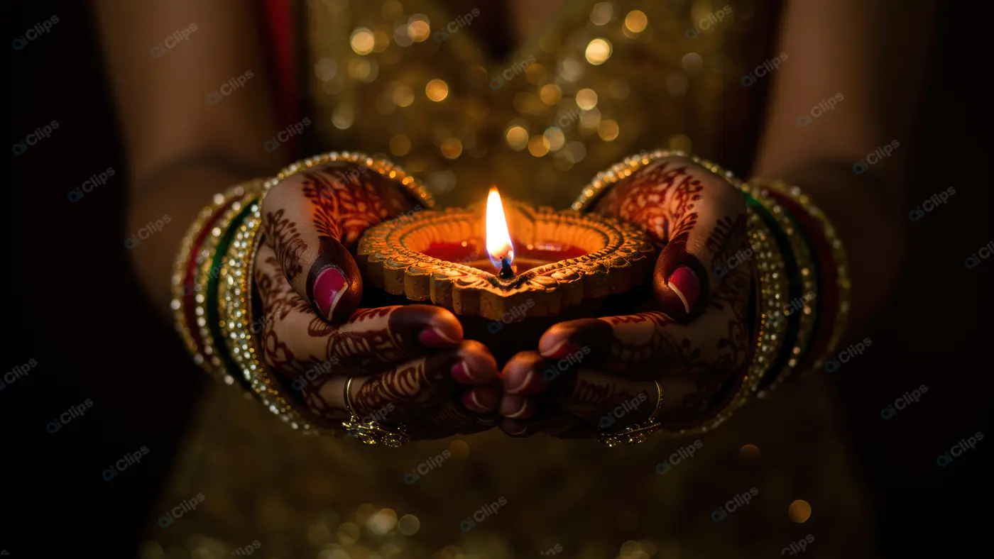 Indian Woman Holding Decorative Diya with Mehndi Hands for Diwali Celebration