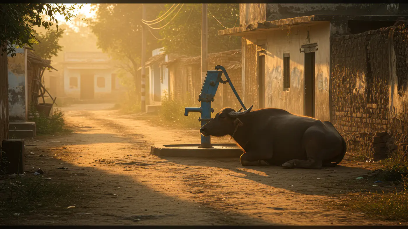 Indian Village Morning Scene with Buffalo Resting by Hand Pump