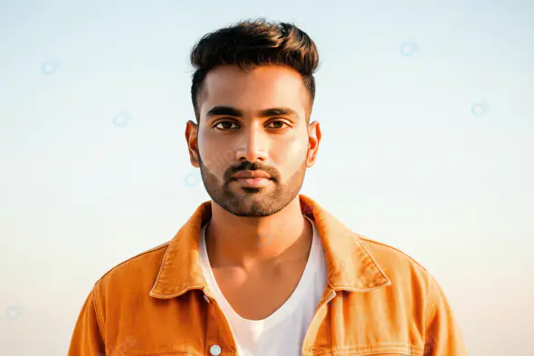 Confident Indian Man in Orange Jacket at Sunset Outdoors