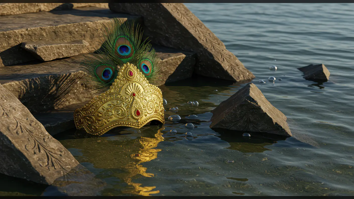 Golden Peacock Feather Crown of Lord Krishna Resting by Riverbank
