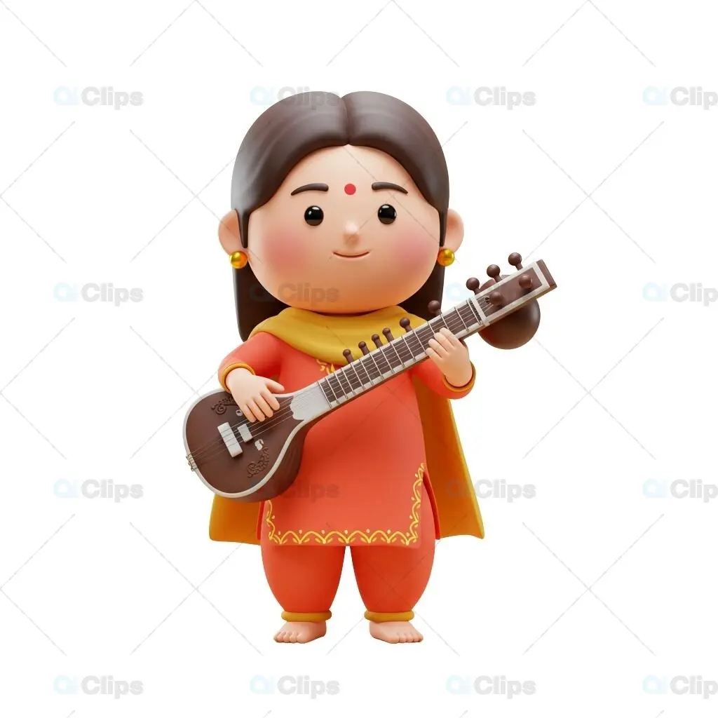Indian Woman Playing Sitar - Traditional 3D Illustration