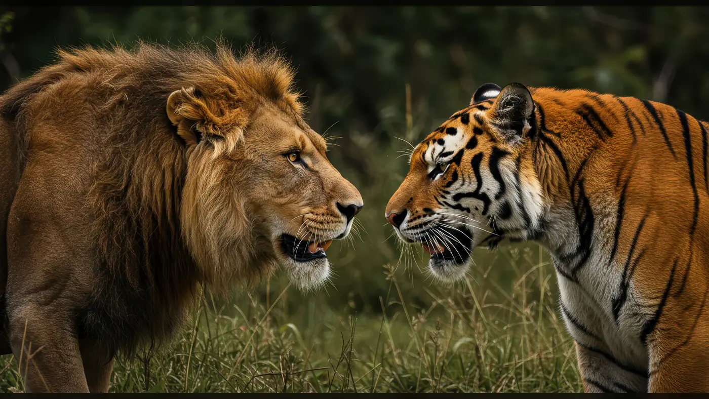Intense Face-off Between a Lion and Tiger in the Wild Grasslands