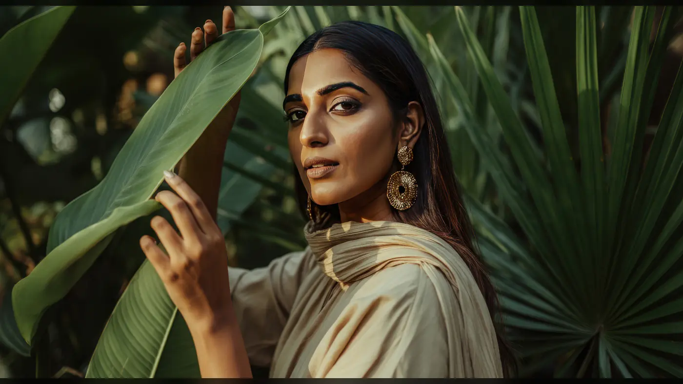 Elegant Woman with Statement Earrings in a Tropical Setting