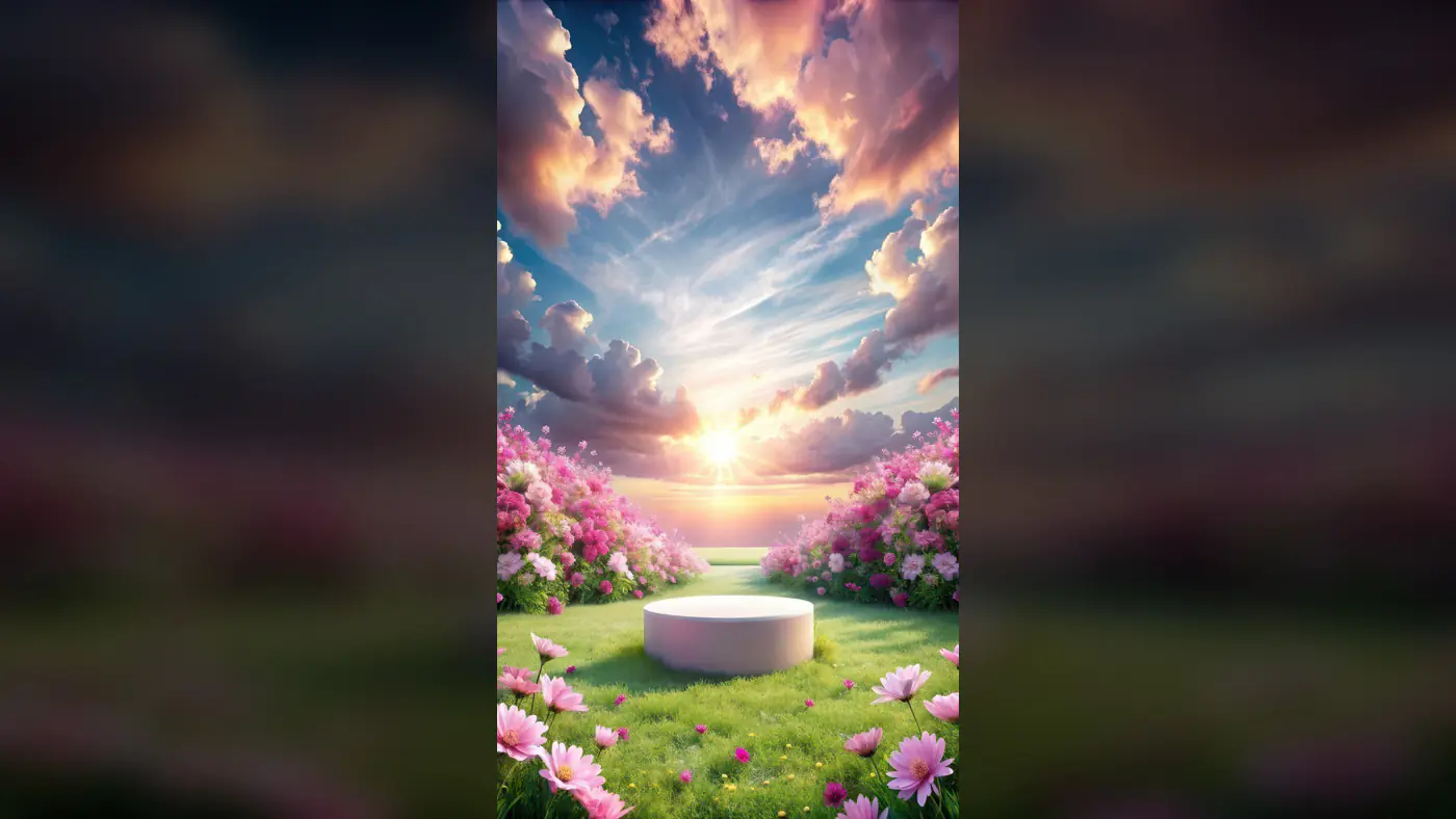 Dreamy Sunset Garden Scene with Flower Platform and Pink Blooms