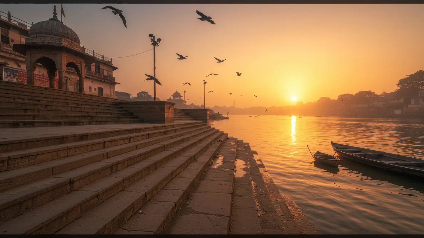 Serene Sunrise at Indian River Ghat with Boats and Birds