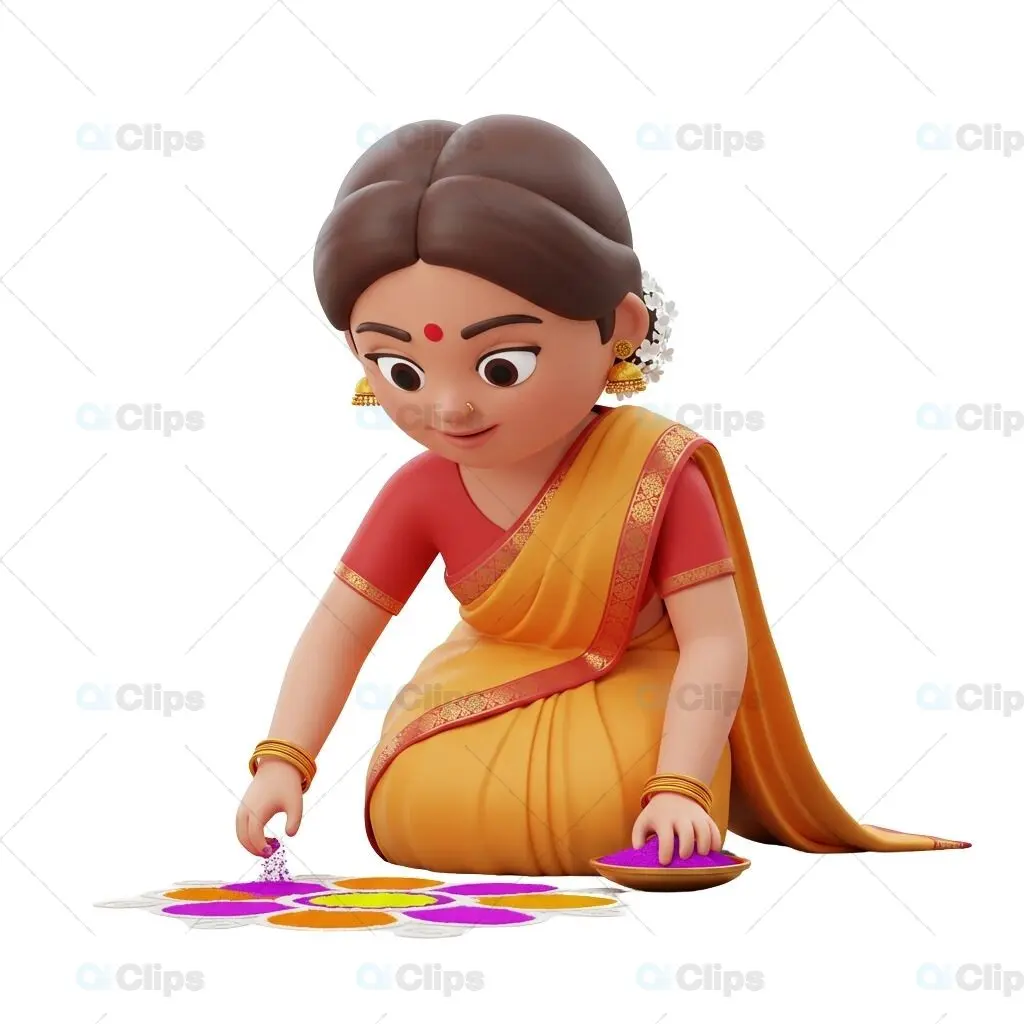 3D Indian Woman Making Rangoli