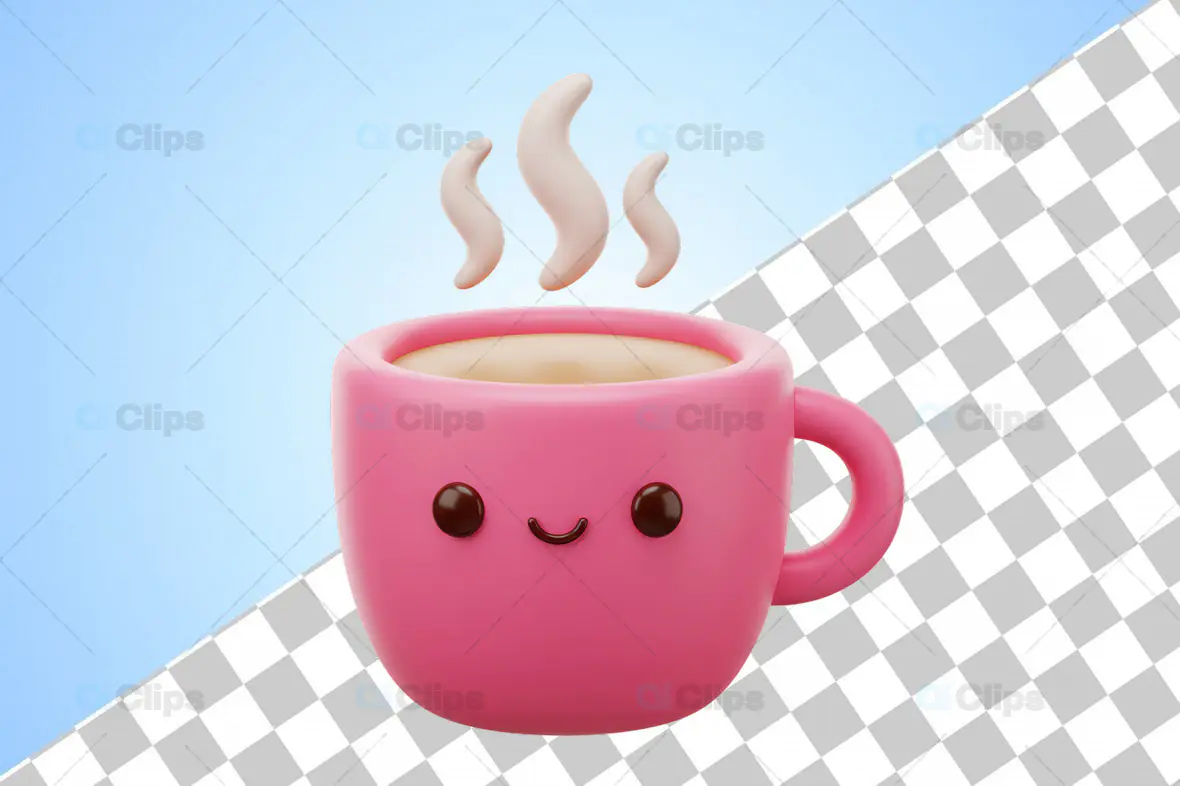 3D Pink Smiling Coffee Mug Illustration with Steam