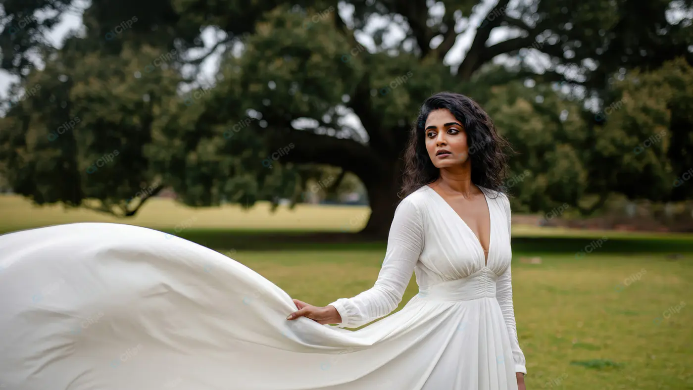 Elegant Woman in Flowing White Dress in a Scenic Garden