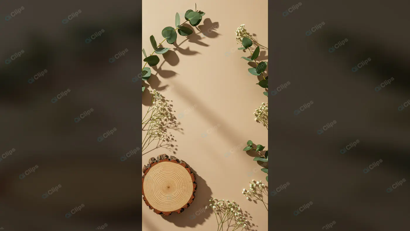 Minimal Nature Flat Lay Mockup with Wooden Slice and Greenery