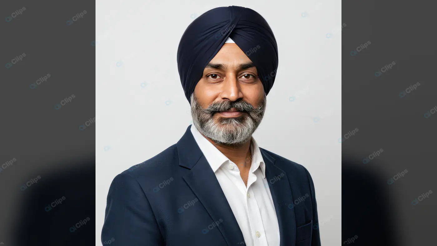 Confident Sikh Businessman Wearing Navy Blue Turban and Suit – Professional Portrait