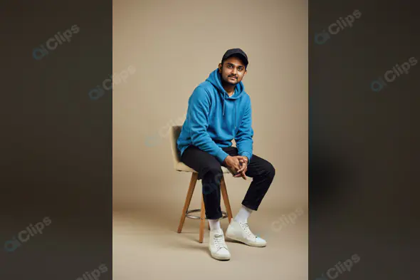 Portrait of Confident Young Indian Man in Blue Hoodie on Stool