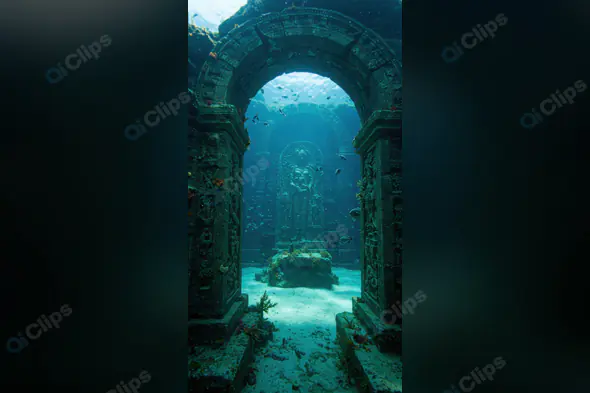 Mystical Underwater Ancient Temple Ruins with Fish Swimming Around