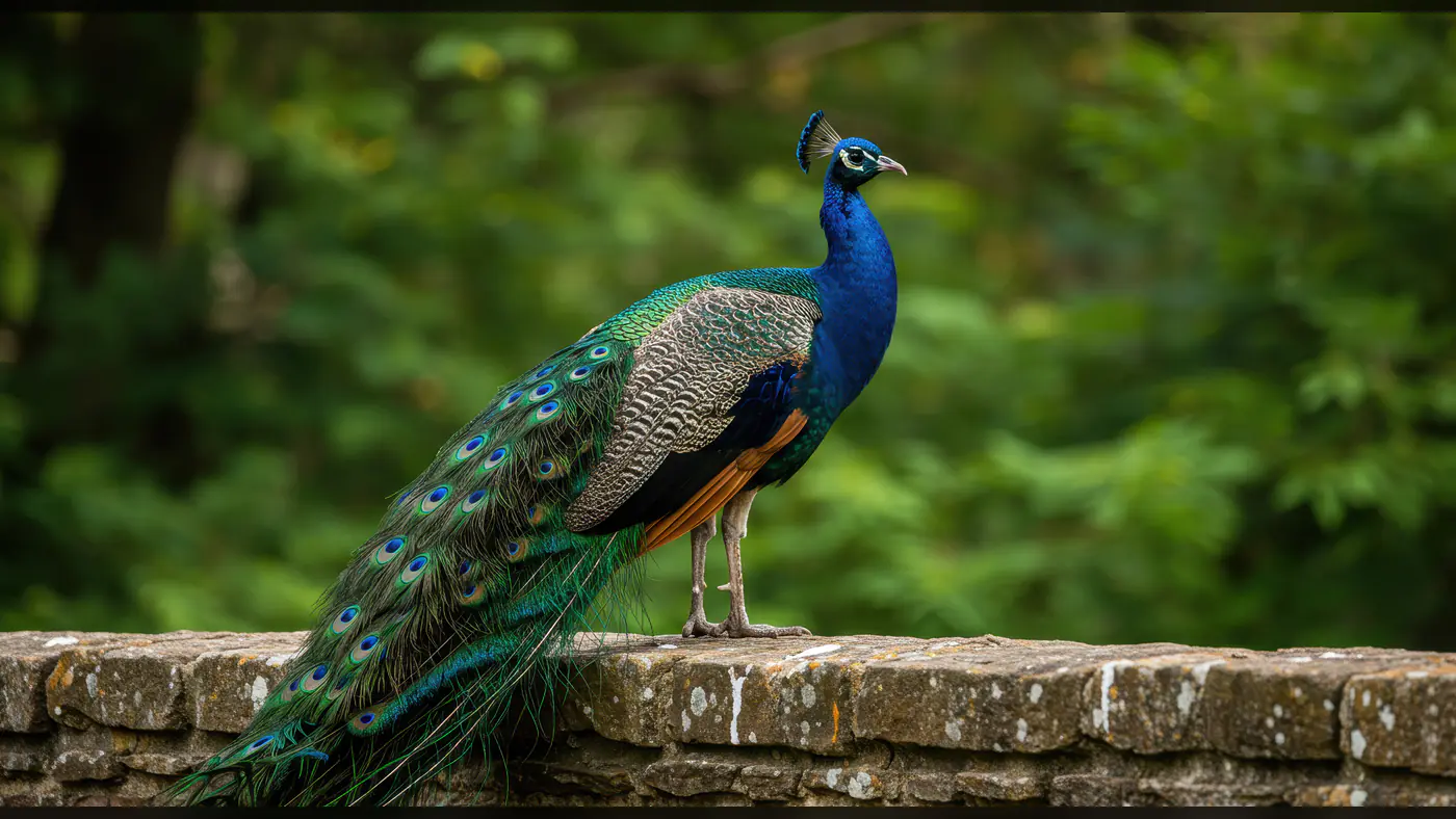 Indian Peacock Standing Gracefully on a Stone Wall in Lush Greenery