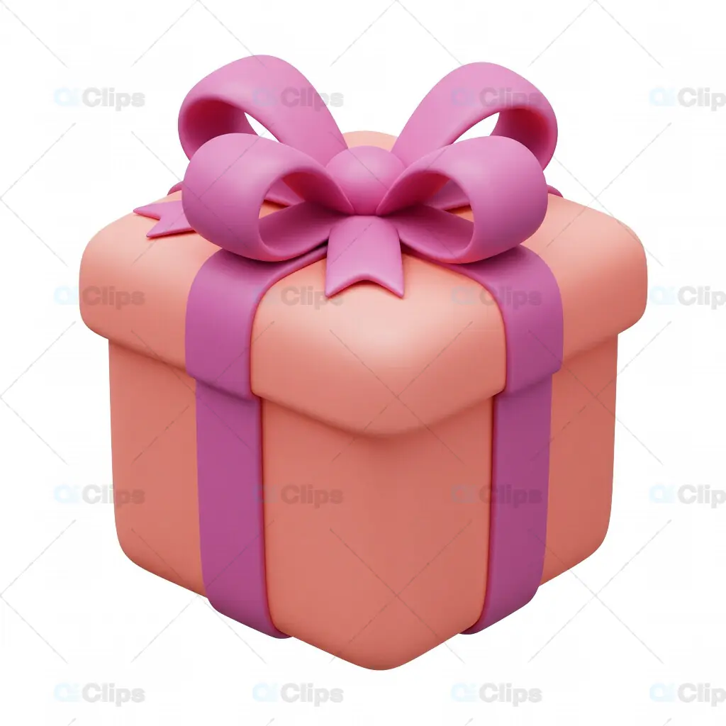 3D Peach Gift Box with Pink Ribbon and Transparent Background