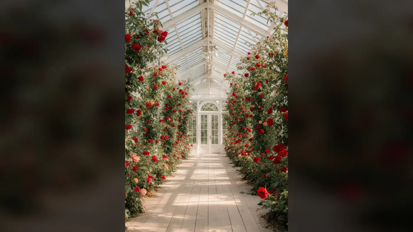 Romantic Greenhouse with Red Roses