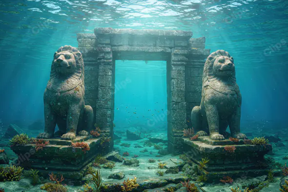 Ancient Underwater Temple Gate with Guardian Lion Statues
