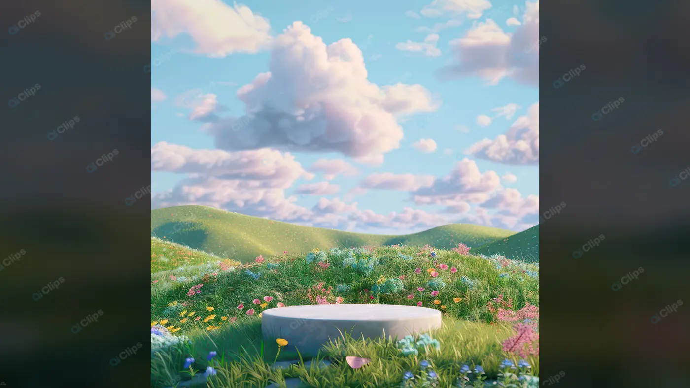 Scenic Fantasy Meadow with Stone Platform and Colorful Wildflowers
