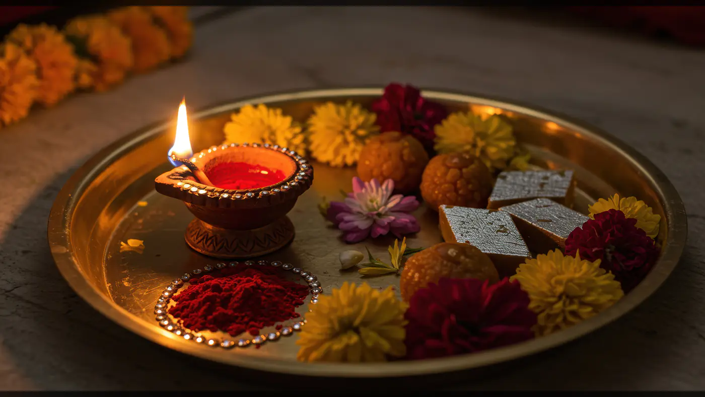Traditional Indian Puja Thali with Diya, Flowers, and Sweets for Festive Rituals