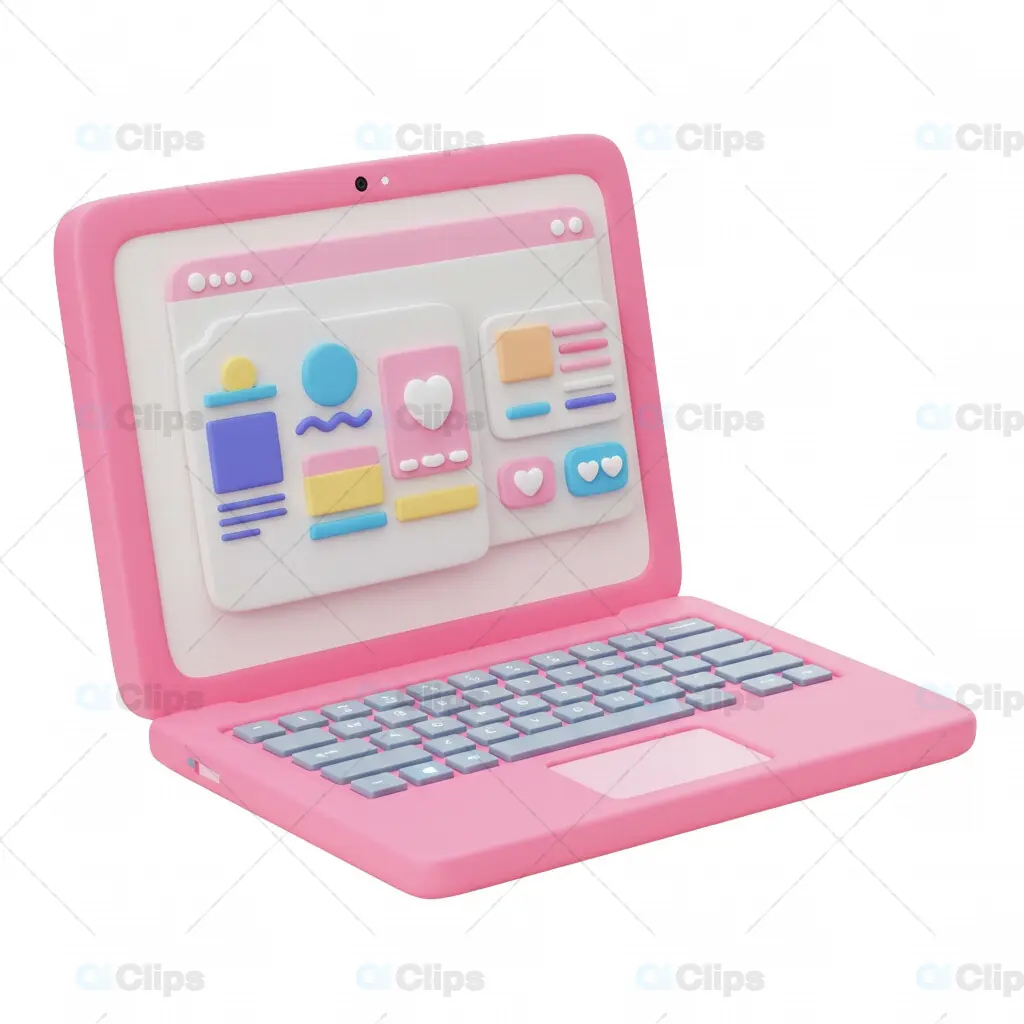 Pink 3D Laptop with Social Media Dashboard