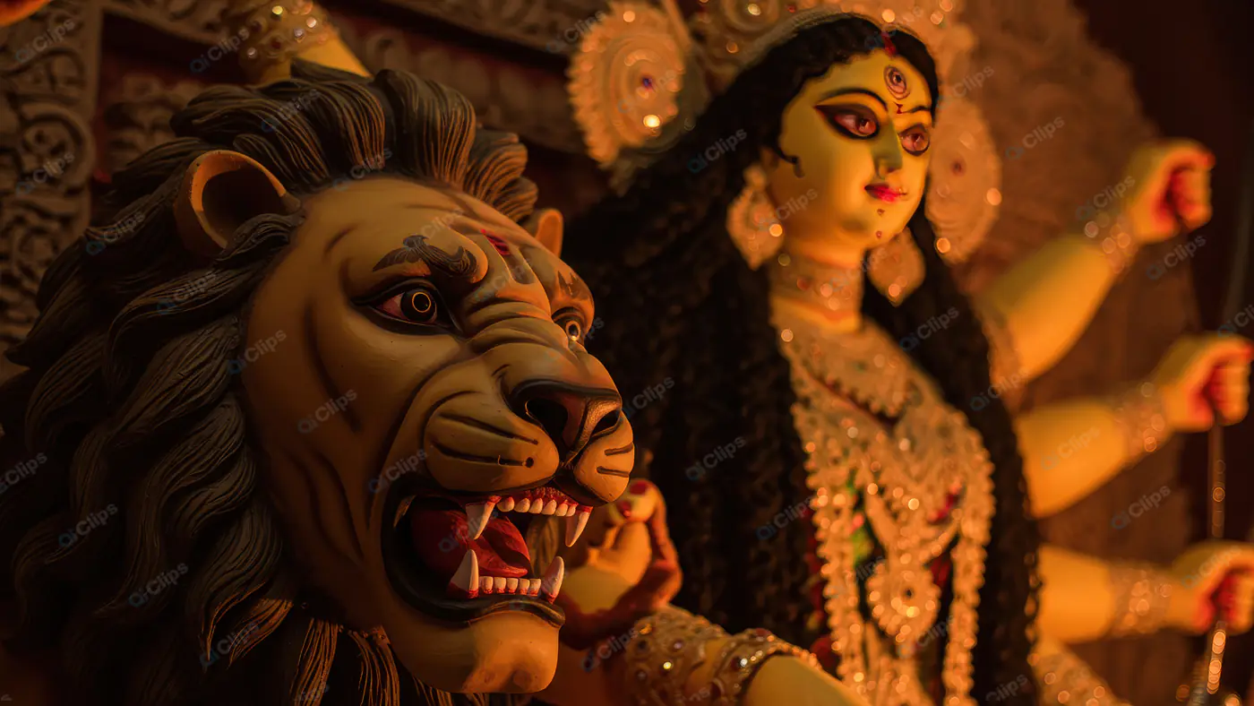 Goddess Durga Idol with Lion in Festive Lighting