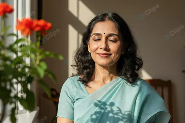 Peaceful Indian Woman Meditating by Window in Sunlight