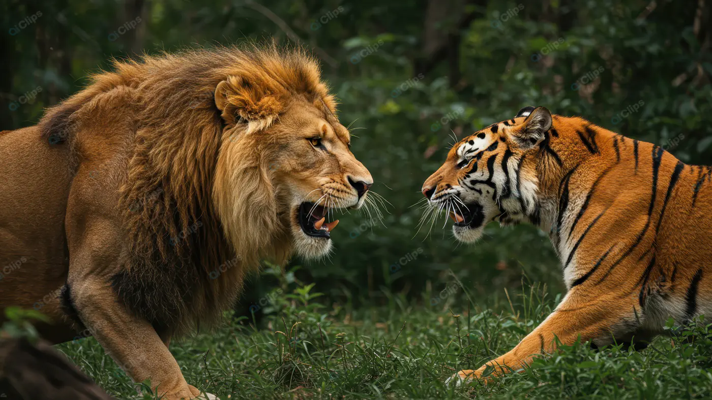 Ferocious Battle: Lion and Tiger Roaring in the Wild