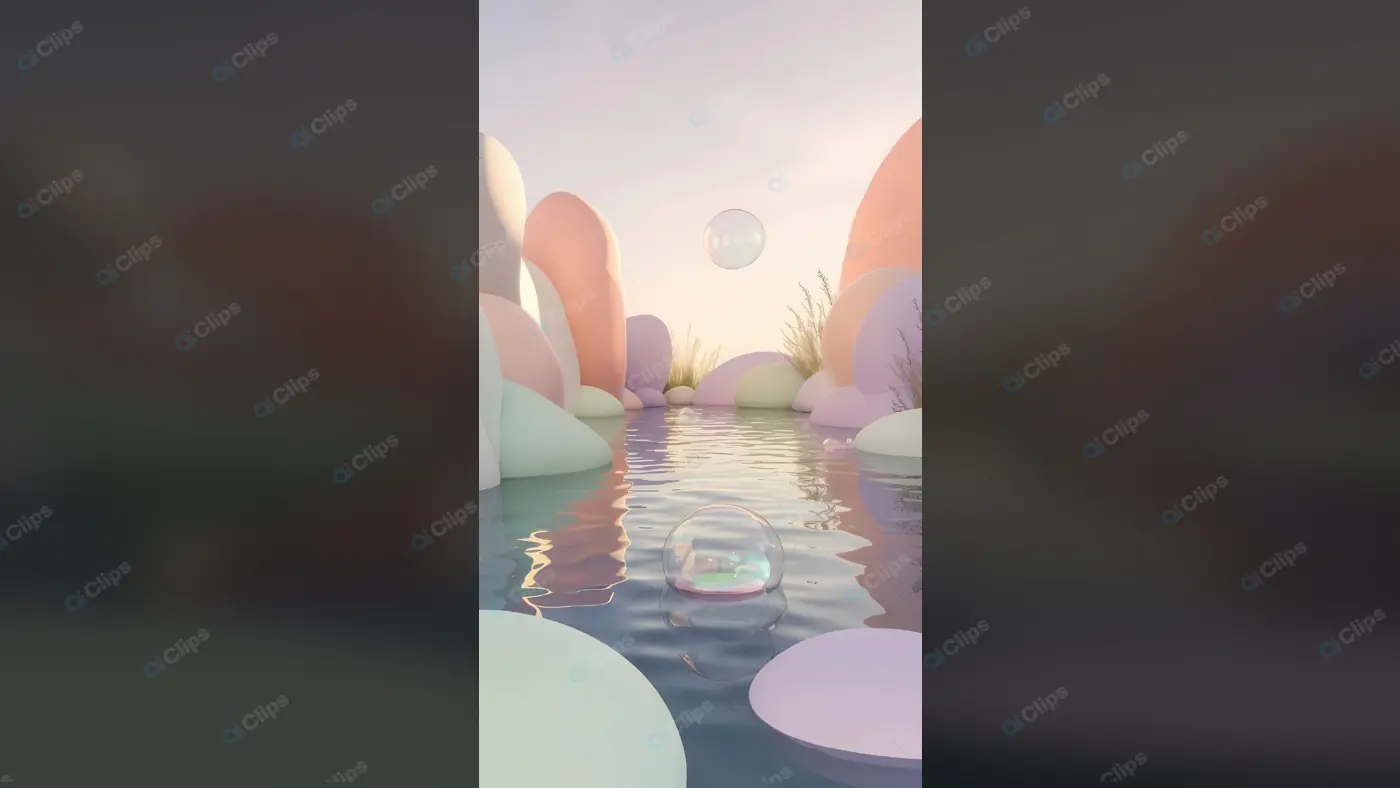 Pastel Fantasy Landscape with Floating Bubbles Over Water