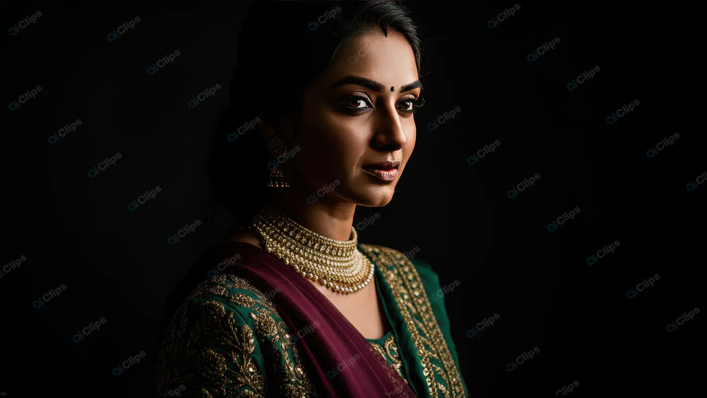 Elegant Indian Woman in Green Saree with Traditional Jewelry