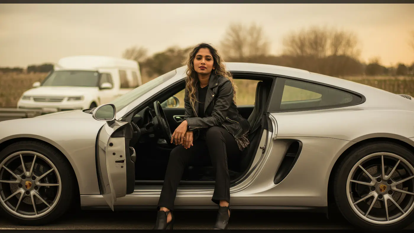 Confident Woman in Leather Jacket Sitting in Luxury Sports Car