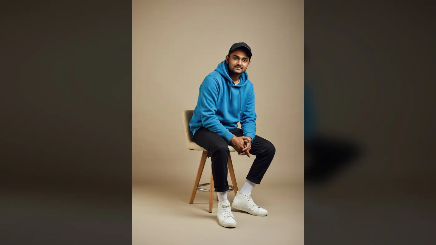 Portrait of Confident Young Indian Man in Blue Hoodie on Stool