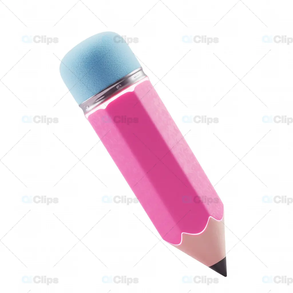 3D Pink Pencil with Blue Eraser and Transparent Background